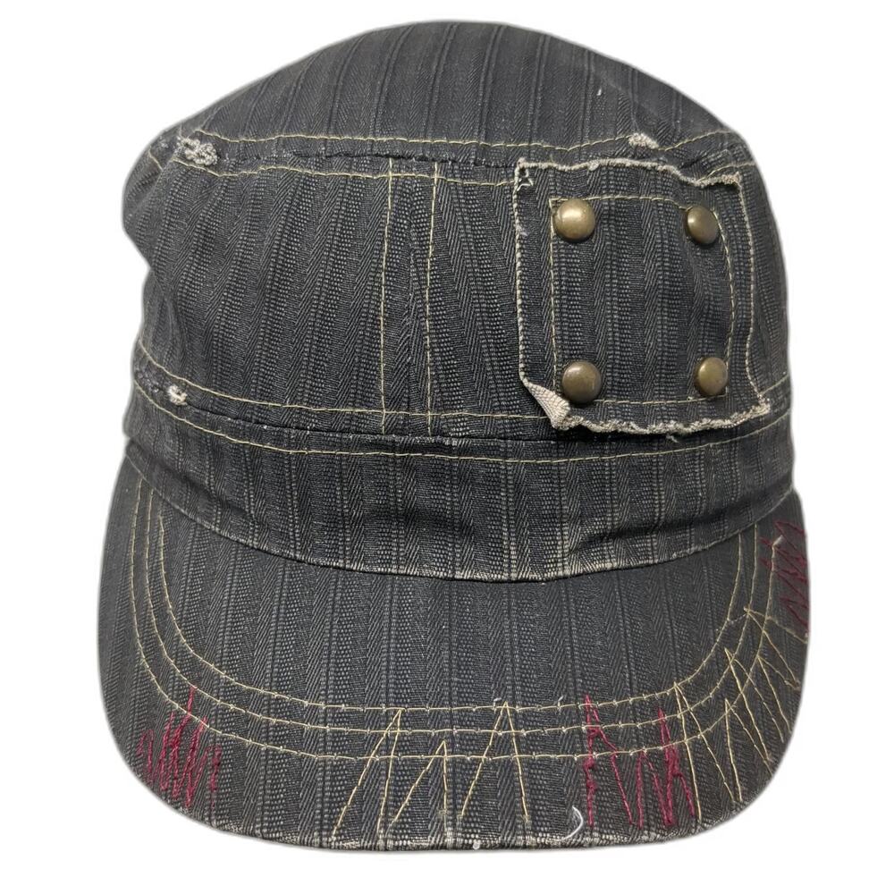 Army Cap Gray OSFM Herringbone Distressed Frayed Studs Red Gold Stitching Hat